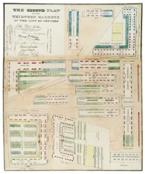 Grundriss der dreizehn Märkte in der Stadt New York, 1833 (schwarze Tinte, mit Farbwaschung, auf Papier)